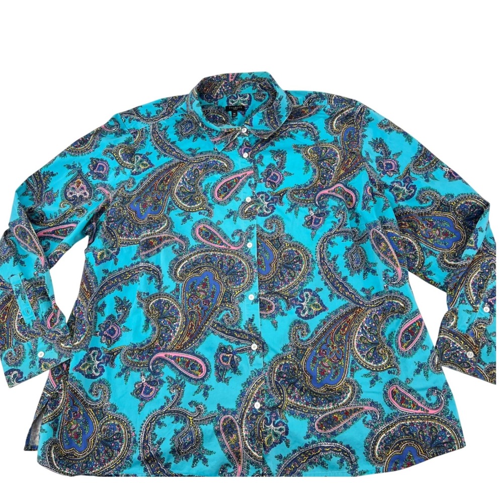 Talbots Woman 3X Paisley STRETCH Button Down‎ Shirt Turquoise Blue Long Sleeve